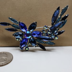 Vintage Blue Flower Crystal Brooch