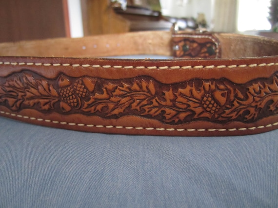 Vintage Brown Tooled Leather Belt - image 5
