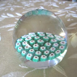 Vintage Millefiori Paperweight Green with White &quot;Daisys&quot;