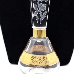 Vintage Glass Perfume Bottle and Stopper Clear with Gold Design