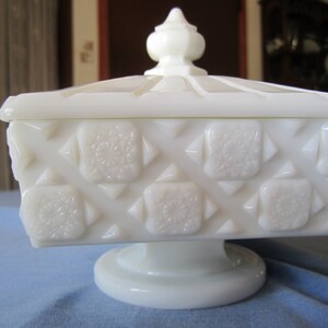 Vintage Milk Glass Candy or Nut Square Lidded Pedestal Dish