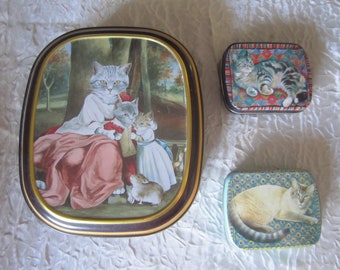 Vintage Metal Cat Box Trio Assortment Pill Trinket Containers 1980s 1990s