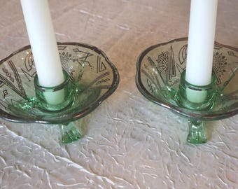 Vintage Uranium Glass Candle Holder Pair with Sterling Art Deco Overlay
