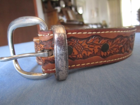 Vintage Brown Tooled Leather Belt - image 10