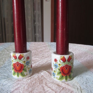 Miniature Candleholder Pair Red Floral Decorated Ceramic Taper Candlesticks