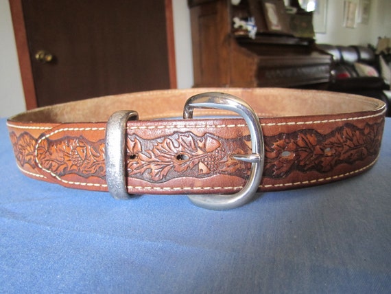 Vintage Brown Tooled Leather Belt - image 1