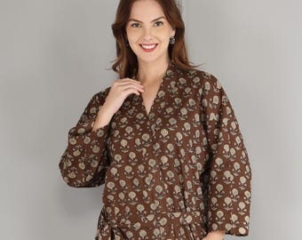 Handmade Cotton Kaftan Robe: Brown Floral Block Print Kimono