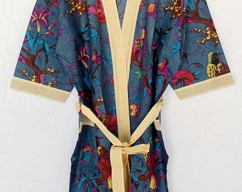 Handmade Cotton Kimono Robe | Floral Block Print Loungewear
