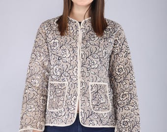 Hand Block Print Cotton Kantha Jacket: Floral Quilted Boho Coat