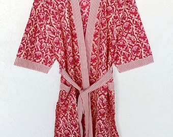 Red Floral Block Print Cotton Kimono Robe | Lightweight Lounge Gown
