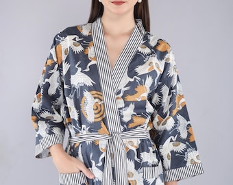 Handmade Cotton Block Print Kimono Robe – Lightweight Floral Dressing Gown
