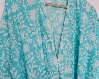 Handmade Aqua Floral Cotton Kimono Robe: Lightweight Block Print Loungewear