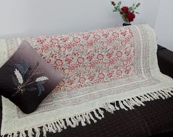 Hand-Loomed Cotton Throw: Floral Block Print, Boho Tassels