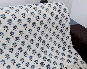 Hand-Loomed Cotton Sofa Throw: Floral Block Print Blanket with Tassels