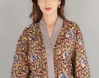 Burgundy Block Print Kimono Robe | Cotton Beach Cover-Up | Boho Resort Wear | Free Gift Included