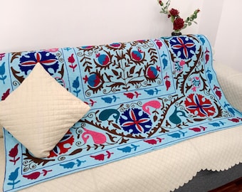 Hand Embroidered Suzani Throw Blanket: Floral Cotton, Hand Loomed