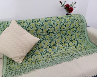 Floral Block Print Cotton Throw: Hand-Loomed Bohemian Sofa Blanket