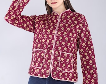 Reversible Kantha Jacket | Maroon Floral Quilted Cotton Coat | Boho Block Print Layer for Women