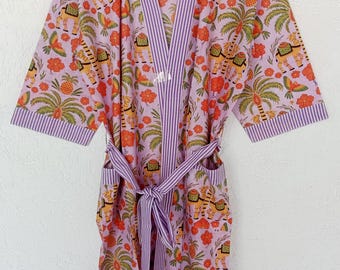 Handmade Cotton Kimono Robe | Floral Block Print Loungewear