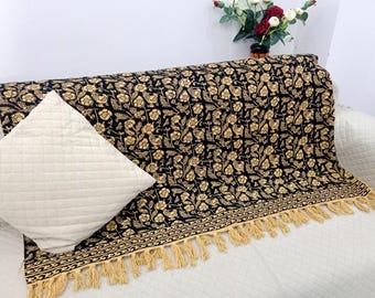 Hand-Loomed Cotton Sofa Throw Floral Block Print with Tassels Mud Cloth Throw Blanket with Tassels Hand Loomed Block Print