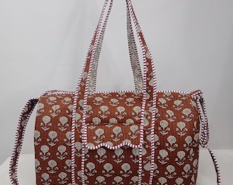 Handmade Block Print Quilted Duffle Bag: Reversible Cotton Weekender