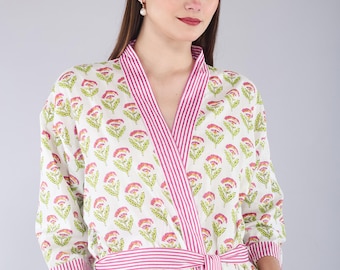 Handmade Cotton Block Print Kimono Robe – Lightweight Floral Dressing Gown