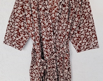 Handmade Cotton Kaftan Robe: Brown Floral Block Print Kimono