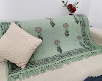 Floral Block Print Cotton Throw: Hand-Loomed Bohemian Sofa Blanket