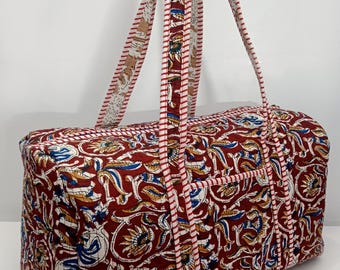 Handmade Quilted Cotton Travel Bag | Block Print Duffle Tote | Spacious Weekender Bag