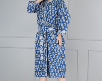 Handmade Cotton Kimono Robe: Blue Floral Block Print Bohemian Kaftan