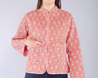 Reversible Kantha Jacket | Floral Quilted Cotton Coat | Boho Pink Block Print Layer