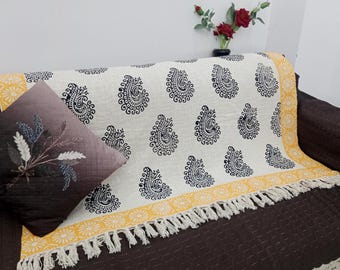 Hand-Loomed Cotton Sofa Throw: Floral Block Print with Tassels