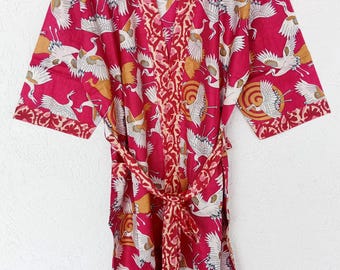 Handmade Red Bird Print Kimono kaftan, Adjustable Waist | Lightweight Resort Wear