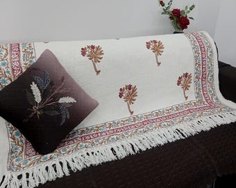 Hand-Loomed Cotton Throw: Floral Block Print, Bohemian Tassels