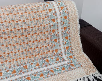 Hand Loomed Cotton Throw Blanket: Floral Block Print, Boho Tassels