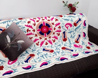 Hand Embroidered Suzani Throw Blanket: Floral Cotton, Hand Loomed