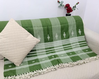 Handmade Bhujodi Wool Throw Blanket | Boho Handwoven Accent with Pompoms