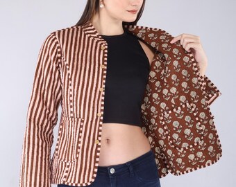 Reversible Kantha Jacket | Maroon Floral Quilted Cotton Coat | Boho Block Print Layer for Women