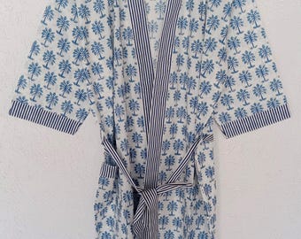 Handmade Blue Palm Print Cotton Robe, Adjustable Waist | Lightweight Resort Wear
