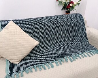 Hand-Loomed Cotton Sofa Throw: Floral Block Print with Tassels