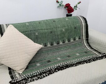 Handmade Bhujodi Wool Throw Blanket | Boho Handwoven Accent with Pompoms