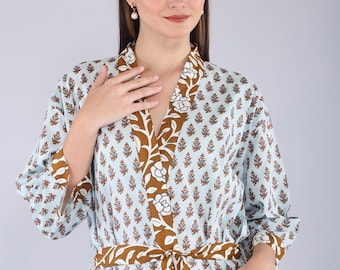 Handmade Cotton Block Print Kimono Robe – Lightweight Floral Dressing Gown