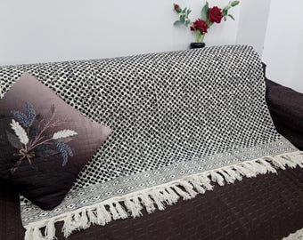 Hand-Loomed Cotton Sofa Throw: Floral Block Print with Tassels