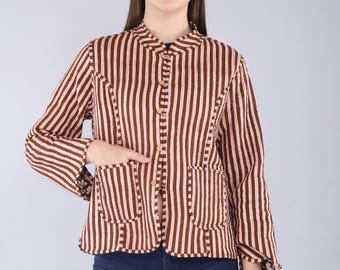 Brown Kantha Quilted Coat | Reversible Floral Cotton Jacket | Boho Block Print Layering