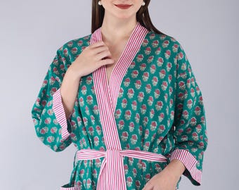 Handmade Cotton Block Print Kimono Robe – Lightweight Floral Dressing Gown