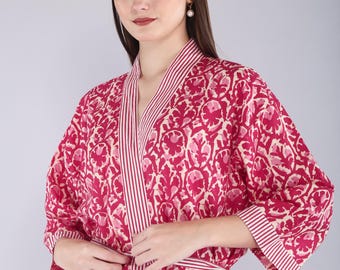 Handmade Cotton Block Print Kimono Robe – Lightweight Floral Dressing Gown