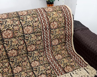 Sofa Throw  Mud Cloth Throw Blanket with Tassels Hand Loomed Block Print Cotton Sofa Throw for Living Room Cotton Throw Floral Sofa Blanket