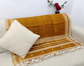 Handmade Bhujodi Wool Throw Blanket | Indian Handwoven Pompom Accent