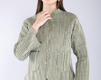 Handmade Reversible Kantha Jacket | Floral Block Print, Teal Cotton