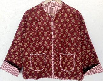 Reversible Kantha Jacket | Maroon Floral Quilted Cotton Coat | Boho Block Print Layer for Women